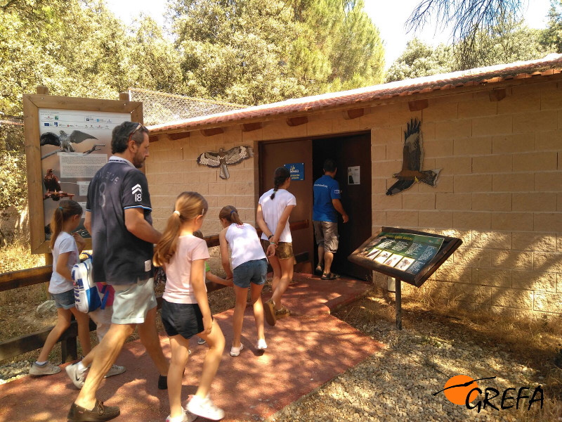 Visitantes a punto de entrar al recinto educativo de las grandes águilas durante la Jornada de Puertas Abiertas de GREFA y el Día del Águila de LIFE Bonelli.