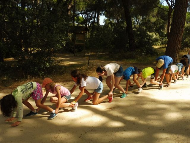 Varios niños juegan durante una actividad lúdica y educativa propuesta por GREFA en el Monte de El Pilar (Majadahonda, Madrid).