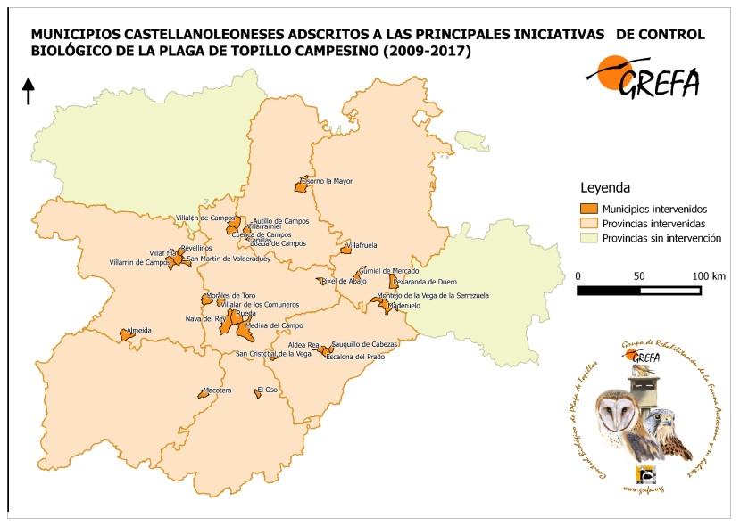Mapa actual de los municipos donde está presente el proyecto de control biológico del topillo campesino de GREFA.