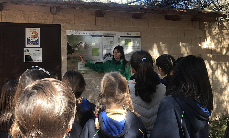 Un grupo de escolares atiende a las explicaciones de una educadora de GREFA en un recorrido por nuestro centro de educación ambiental "Naturaleza Viva".