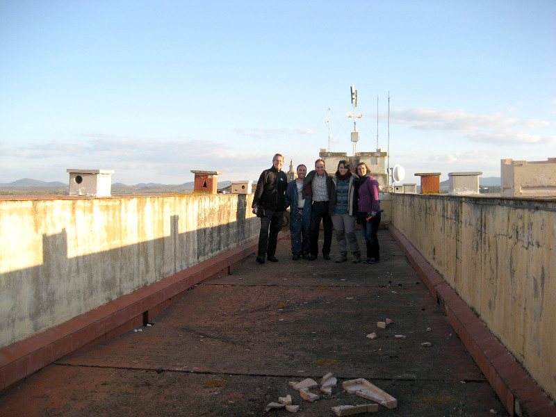 El equipo de GREFA encargado de la limpieza de los nidales de cernícalo primilla en los silos extremeños, en Guareña (Badajoz).