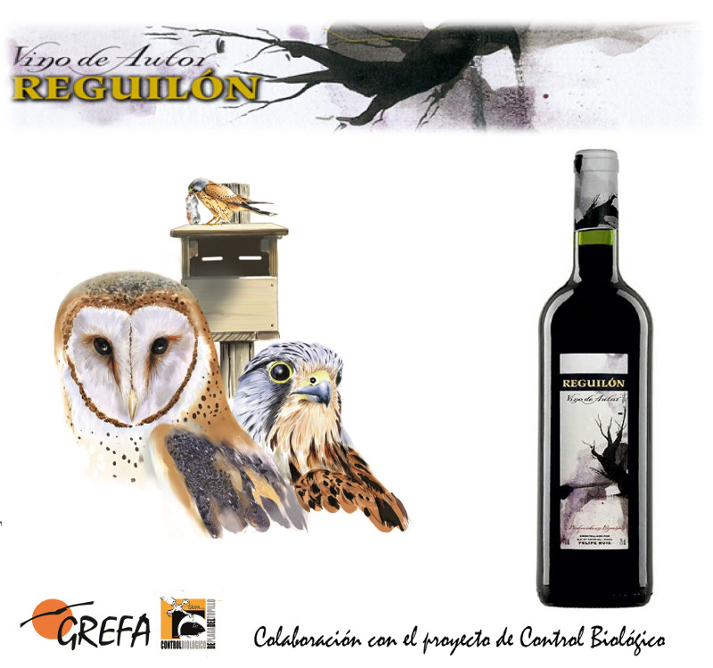 Diseño del etiquetado del vino “Reguilón”, con un vistoso dibujo del proyecto de control biológico del topillo. Foto: GREFA.