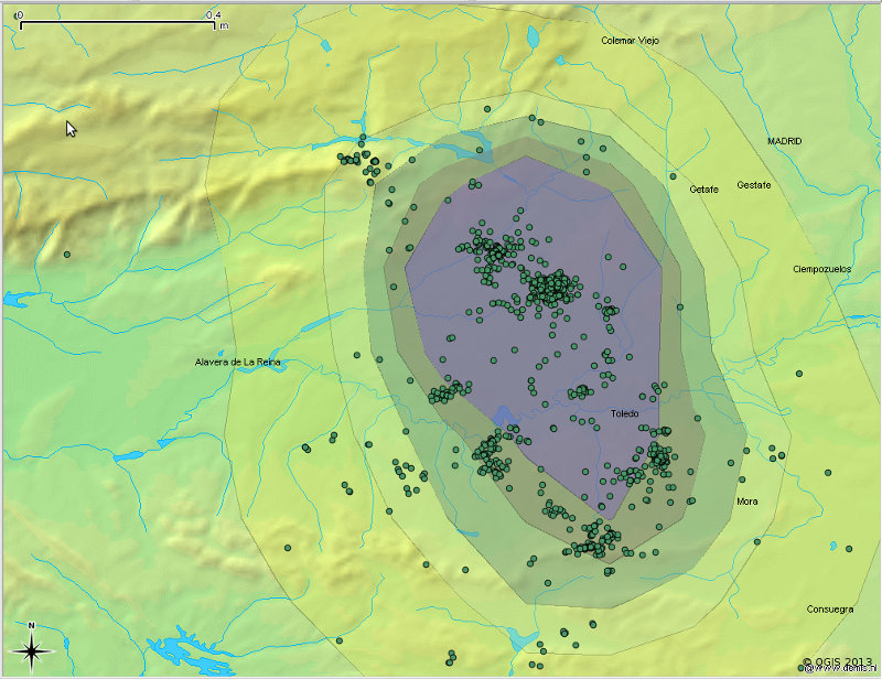 Detalle de la zona principal de distribución de las localizaciones de Aljama alrededor de su área natal