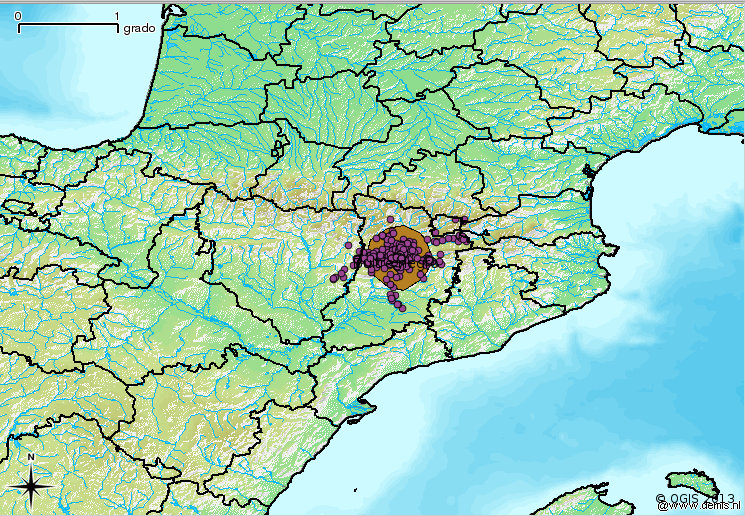 Mapa con todas las localizaciones GPS de los buitres negros de Pirineos en septiembre. Como se ve en la imagen (zona marrón) el área de campeo de los buitres negros del proyecto se encuentra totalmente centrada entorno a los puntos de reintroducción.
