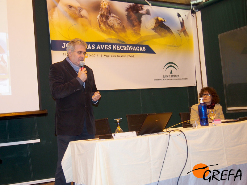 Rafael Arenas, principal artífice de las jornadas y Coordinado del Plan de Recuperación y Conservación de las Aves Necrófagas en Andalucía, hablado de las áreas de alimentación de las aves necrófagas e Andalucía.