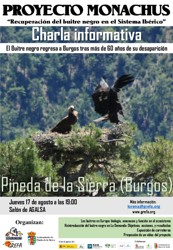 Cartel informativo de la charla que tendrá lugar en Pineda de la Sierra (Burgos) el 17 de agosto.