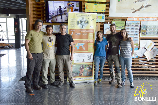 Foto de grupo del equipo LIFE Bonelli / GREFA junto a nuestros anfitriones Javier Elorriaga (tercero por la izquierda) e Íñigo Zuberogoitia (primero por la izquierda) en las instalaciones de Urdaibai Bird Center.