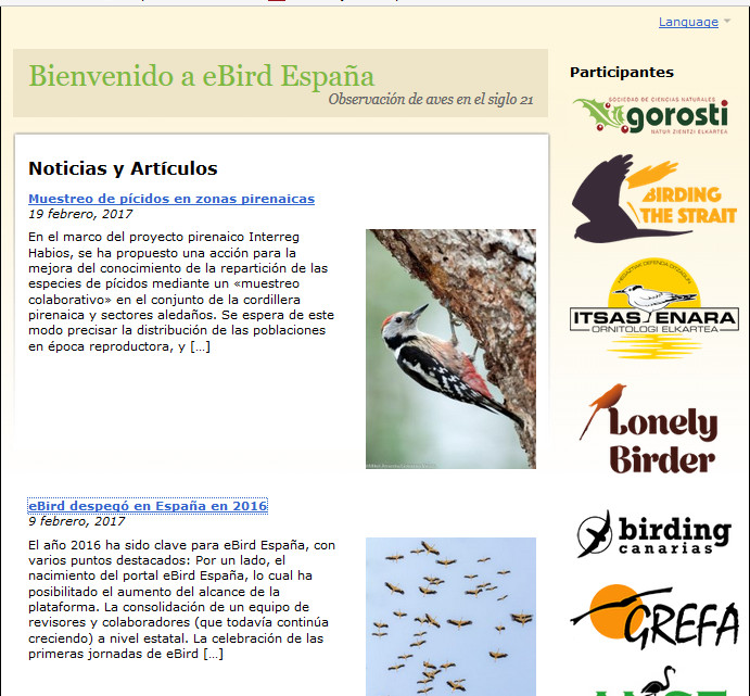 Pantallazo del portal de eBird en España, donde aparece reflejado la participación de GREFA.