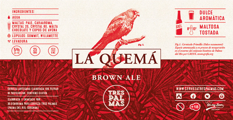 Etiqueta de la cerveza "La Quemá" donde aparece un dibujo del cernícalo primilla y se alude a nuestro trabajo con la especie en Palma del Río (Córdoba).
