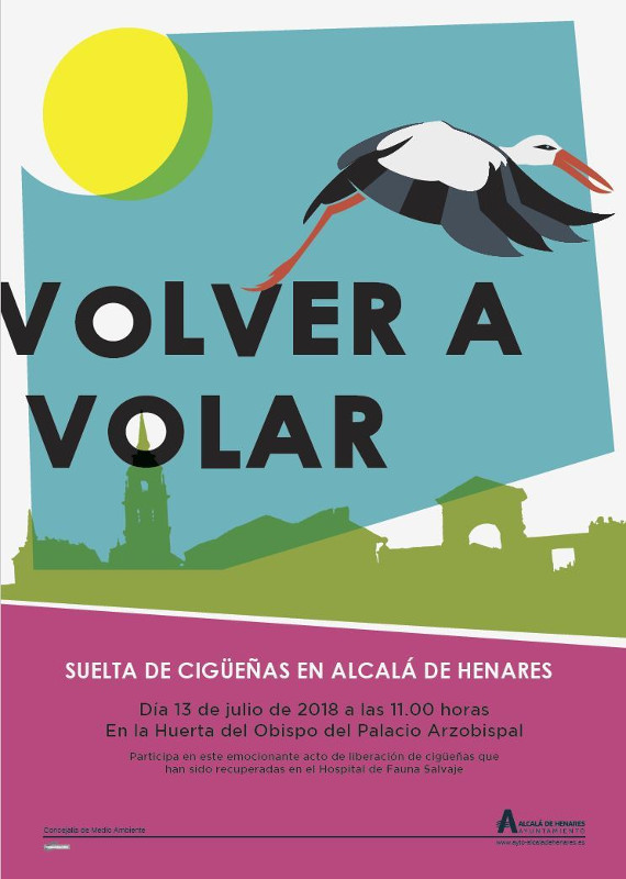 Cartel anunciador del acto de liberación de las cigüeñas blancas en Alcalá que tuvo lugar el pasado 13 de julio.