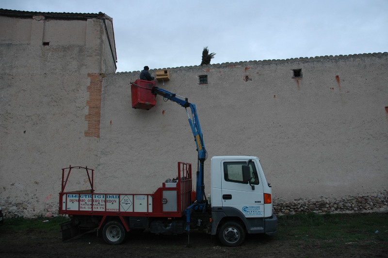 Un trabajador de GREFA coloca un nidal para lechuza en la antigua fábrica de harinas de Fuentepelayo (Segovia). Foto: Javier de Villota.