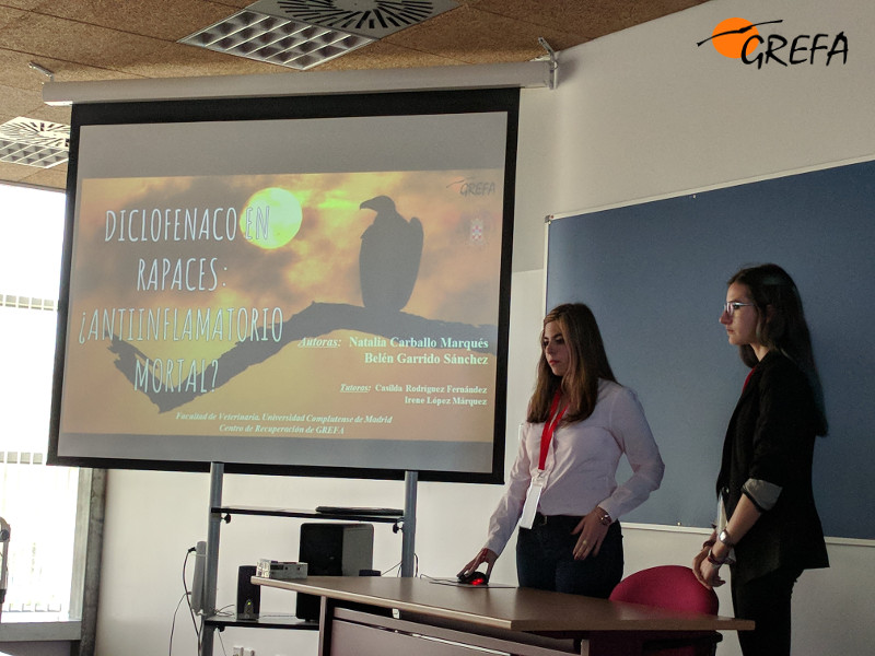 Natalia Carballo y Belén Garrido, durante la presentación de su trabajo sobre el impacto del diclofenaco en rapaces.
