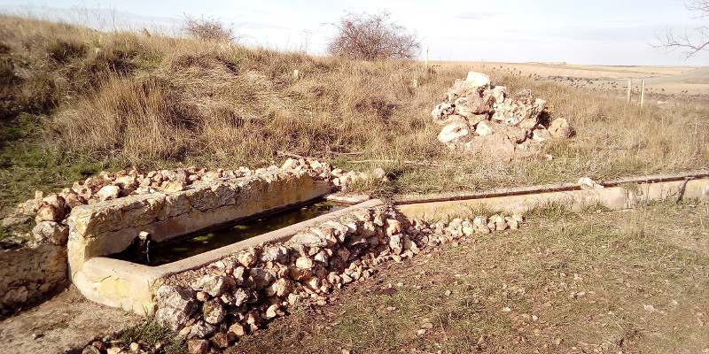 El abrevadero de ganado, una vez revestido con piedra caliza gracias al voluntariado de GREFA.