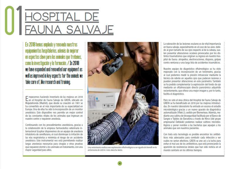 Primera página del capítulo dedicado al Hospital de Fauna Salvaje en el Anuario 2018 de GREFA.