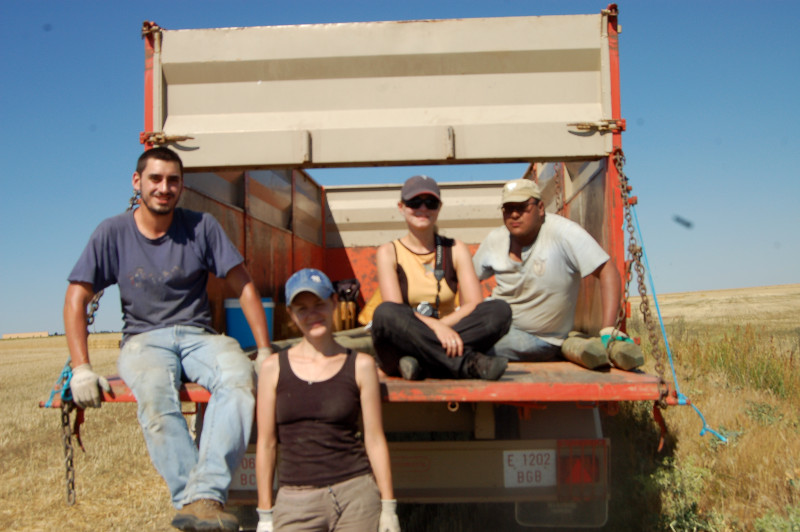 Voluntarios de GREFA en un camión cargado de postes y nidales que van a instalar para favorecer la cría de rapaces depredadoras de topillos.