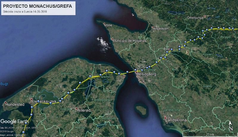 Ruta seguida por "Brínzola" para cruzar de Dinamarca a Suecia el 14 de mayo de 2019.