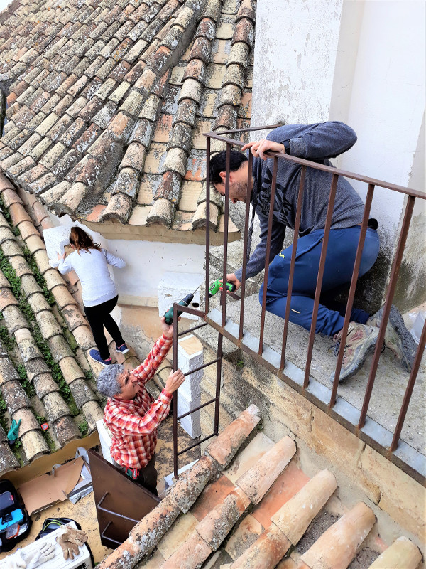 Colaboradores de GREFA-Andalucía instalan varias cajas nido en el tejado de la iglesia del antiguo Hospital de San Juan de Dios, en Montilla.