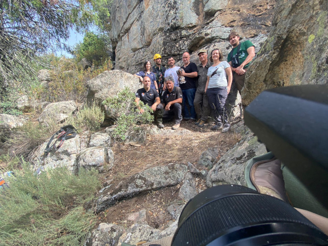 Foto de grupo con el pollo de águila de Bonelli salvaje ya marcado con GPS, en el que aparece la delegación europea, personal y colaboradores de GREFA y el asistente técnico del Miteco.