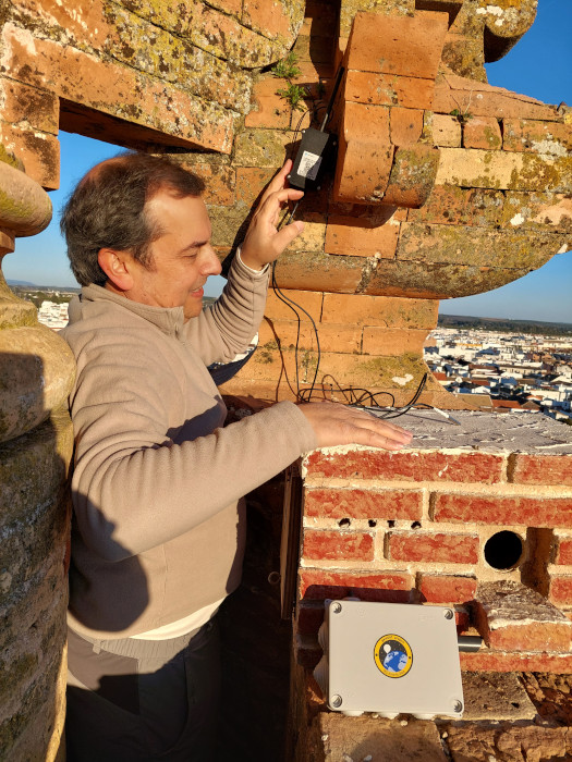 El profesor José Alcaide instala los sensores en una de las cajas nido para cernícalo primilla de la colonia de la iglesia de La Asunción, de Palma del Río (Córdoba).