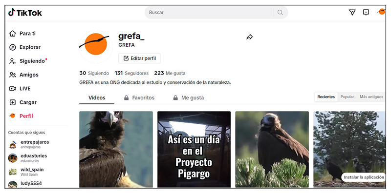 Pantallazo del perfil de GREFA en TikTok.