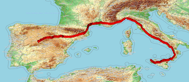 Ruta seguida por el águila calzada "Fénix" hasta su actual ubicación en Sicilia.