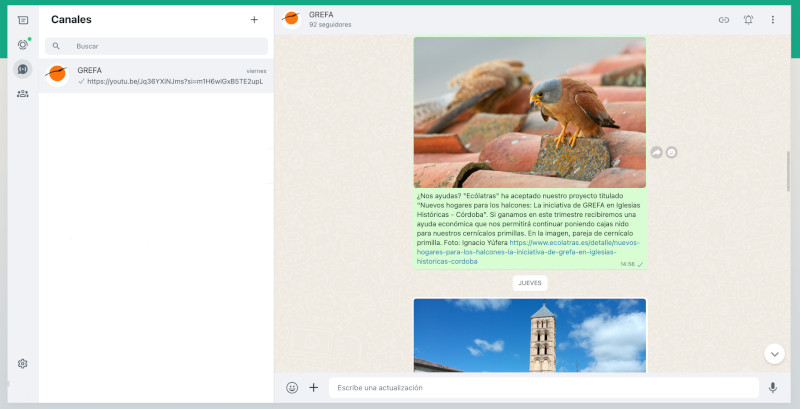 Pantallazo del nuevo canal de GREFA en WhatsAPP
