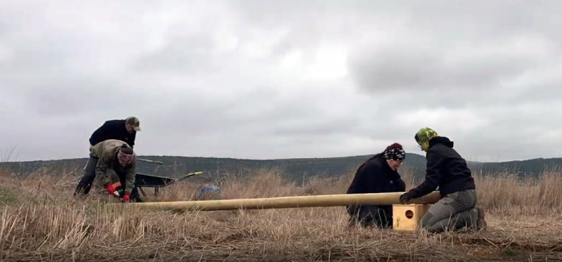 Un equipo de GREFA se dispone a colocar una caja nido para mochuelo en el valle soriano del Rituerto.