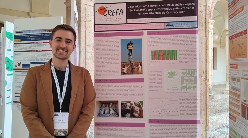 El veterinario de GREFA Alberto Alvarado-Piqueras, junto al póster presentado en el Simposio de AVEDILA.