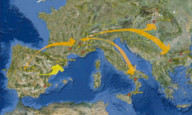 Mapa de las actuaciones para el proyecto en Europa ( VULTURNET).
